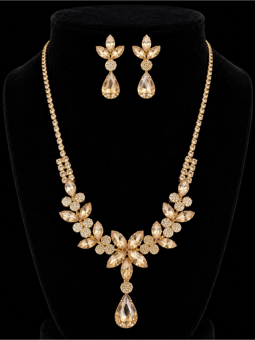 Gold Crystal Teardrop Floral Swarovski Necklace and Earring Set